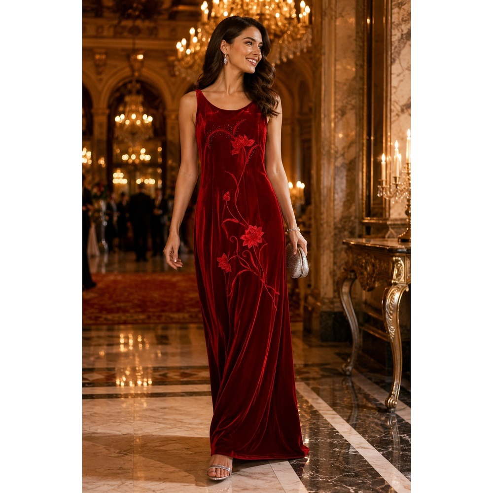 VTG! Y2K 90s Reggio Red Velvet Floral Embroidered Beaded Maxi Dress Low Back 14